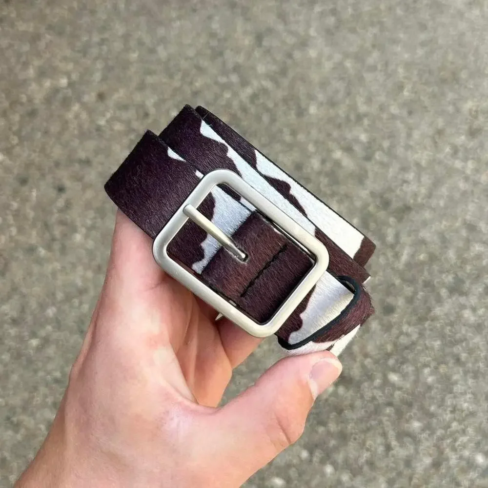 Vintage style cow fur belt american western boho white and brown